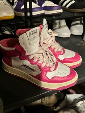 Autry High Top Sneakers in White & Hot Pink